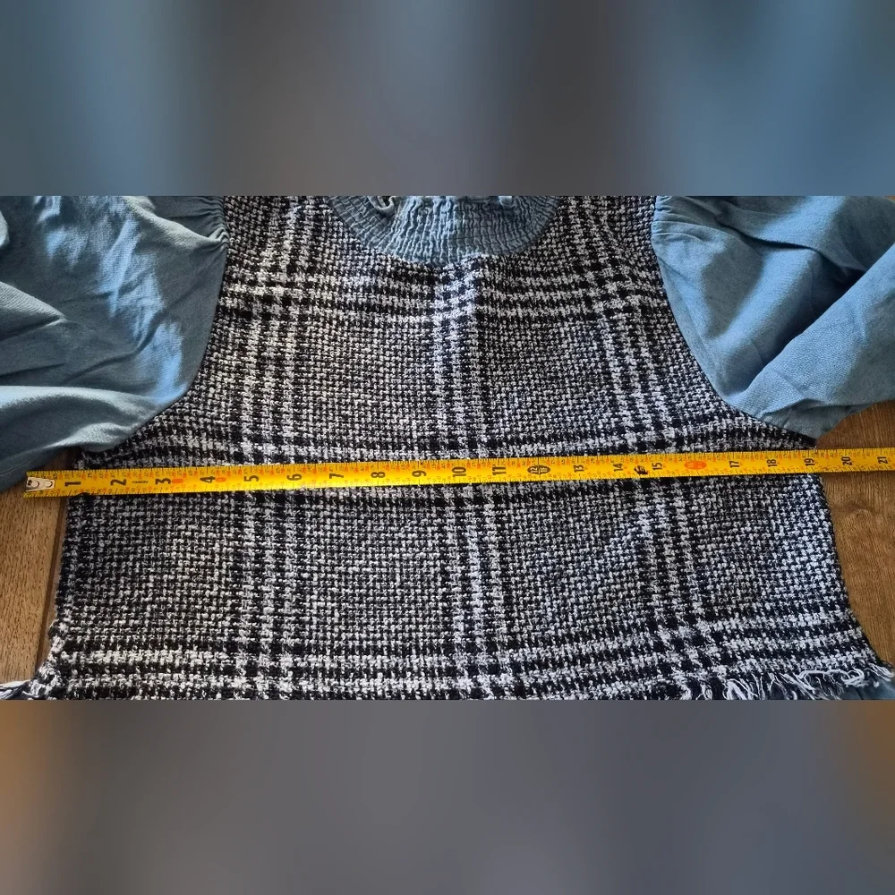 Zara Nwt Chambray Tweed A-Line Smocked Neck Puff Short Sleeve Sz Small